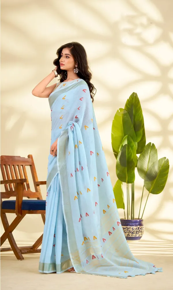 Sky_Blue_Designer_Linen_Silk_Saree_For_Party_Wear_Default_Title