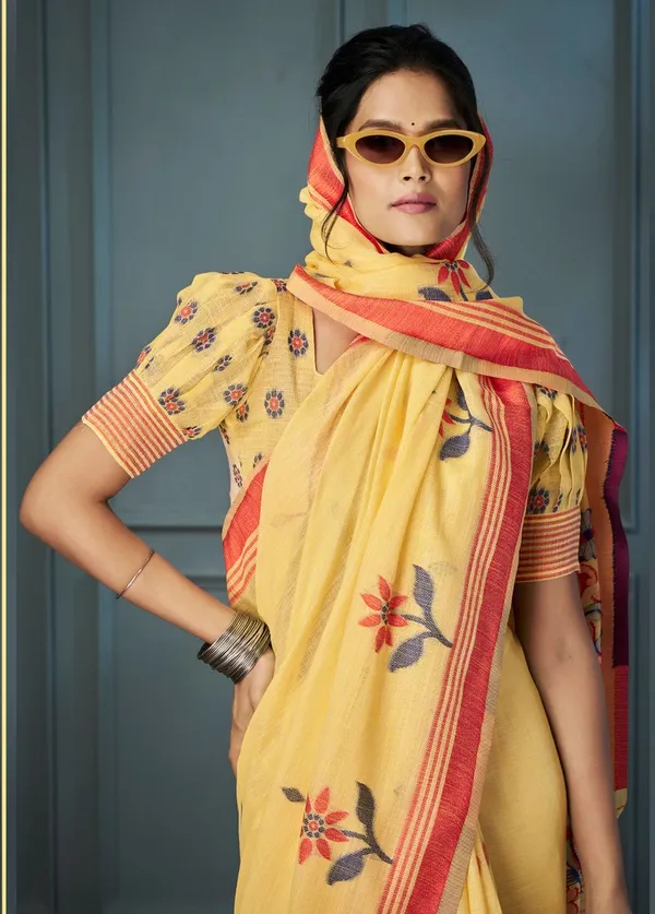 Yellow_Classic_Designer_Handloom_Linen_Saree_With_Art_Silk_Blouse_Default_Title