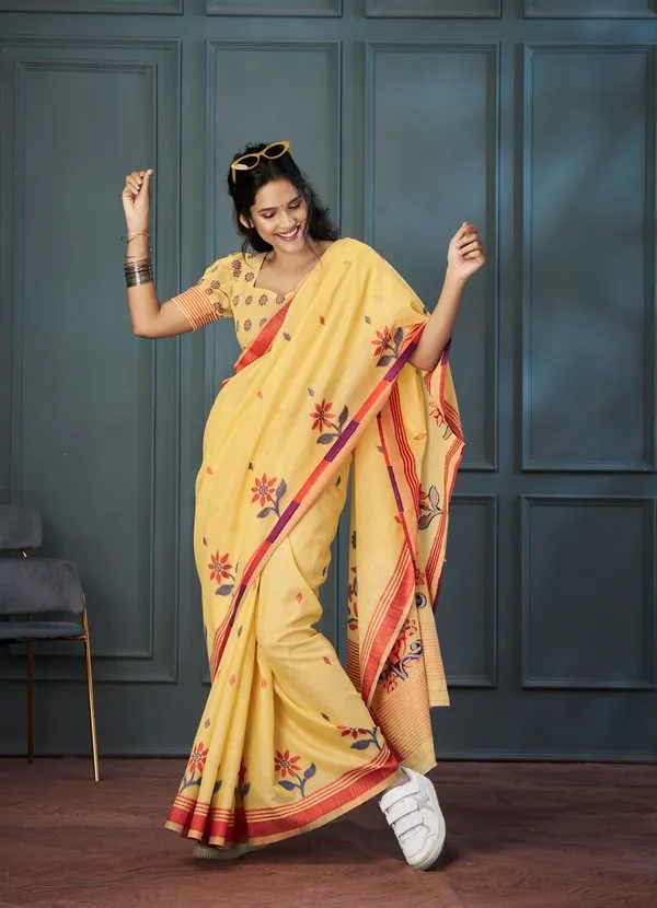 Yellow_Classic_Designer_Handloom_Linen_Saree_With_Art_Silk_Blouse_Default_Title