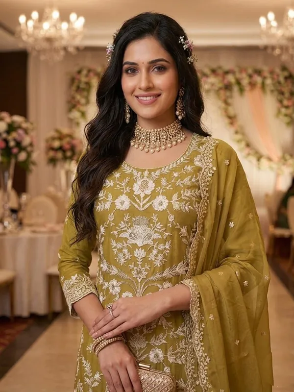 Festive_Wear_Mustard_Readymade_Heavy_Chikankari_Embroidered_Organza_Salwar_Suit