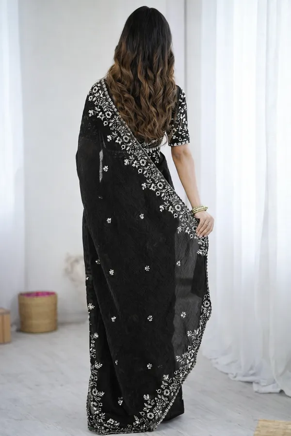 Ethnivo_Black_Embroidered_Linen_Blend_Saree_With_Designer_Blouse_Default_Title