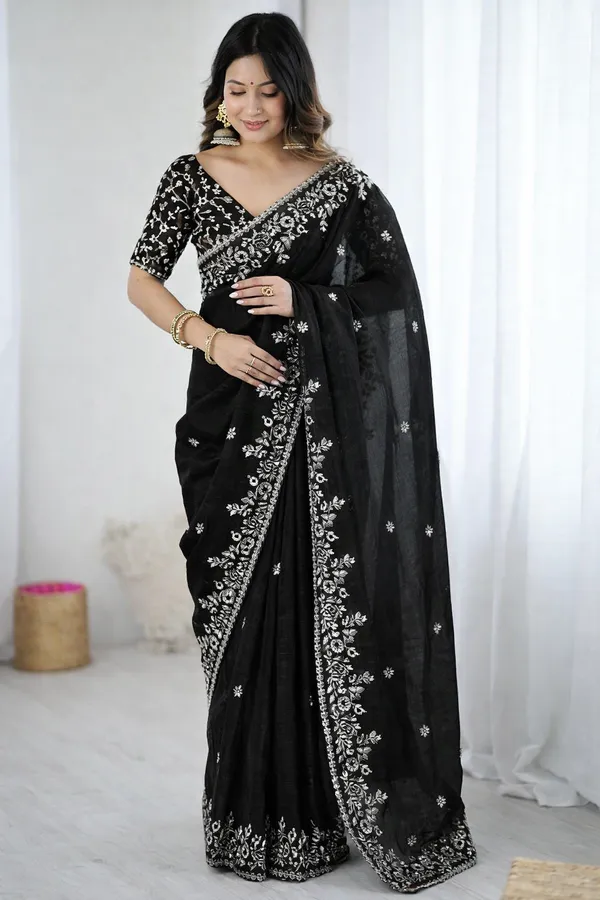 Ethnivo_Black_Embroidered_Linen_Blend_Saree_With_Designer_Blouse_Default_Title
