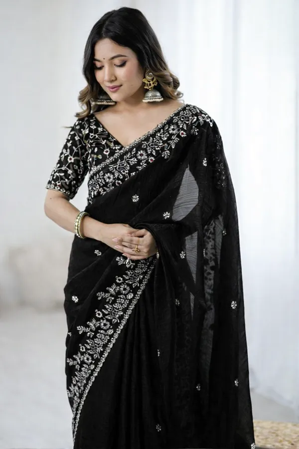 Ethnivo_Black_Embroidered_Linen_Blend_Saree_With_Designer_Blouse_Default_Title