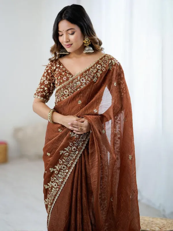 Ethnivo_Rust_Brown_Embroidered_Linen_Blend_Saree_With_Designer_Blouse_Default_Title