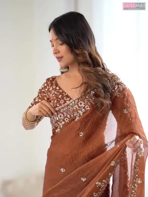 Ethnivo_Rust_Brown_Embroidered_Linen_Blend_Saree_With_Designer_Blouse_Default_Title