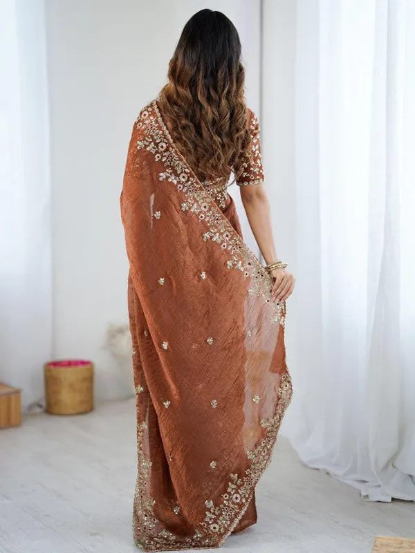 Ethnivo_Rust_Brown_Embroidered_Linen_Blend_Saree_With_Designer_Blouse_Default_Title