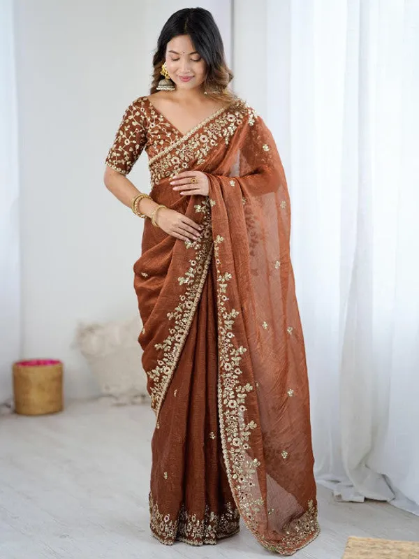 Ethnivo_Rust_Brown_Embroidered_Linen_Blend_Saree_With_Designer_Blouse_Default_Title