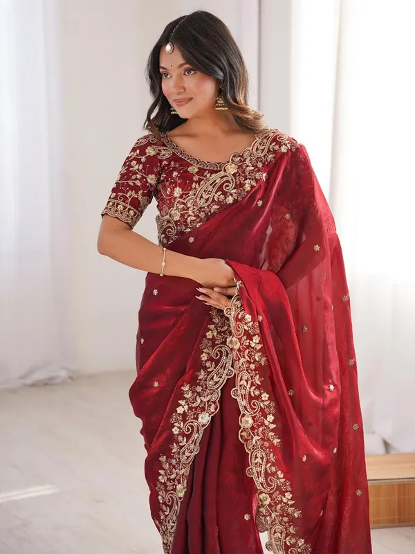 Ethnivo_Wine_Red_Embroidered_Organza_Saree_With_Heavy_Designer_Blouse_Default_Title