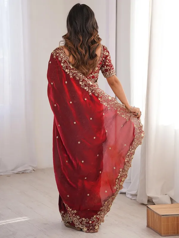 Ethnivo_Wine_Red_Embroidered_Organza_Saree_With_Heavy_Designer_Blouse_Default_Title