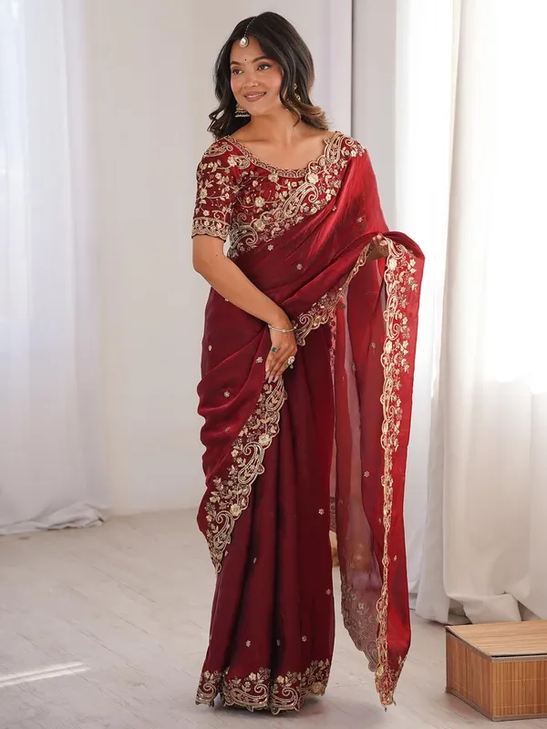 Ethnivo_Wine_Red_Embroidered_Organza_Saree_With_Heavy_Designer_Blouse_Default_Title