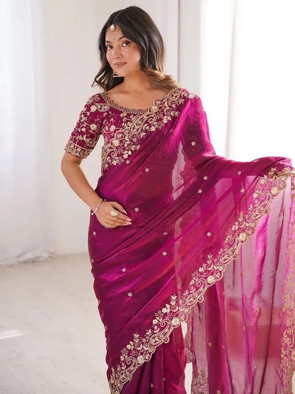 Ethnivo_Magenta_Pink_Embroidered_Organza_Saree_With_Designer_Blouse_Default_Title