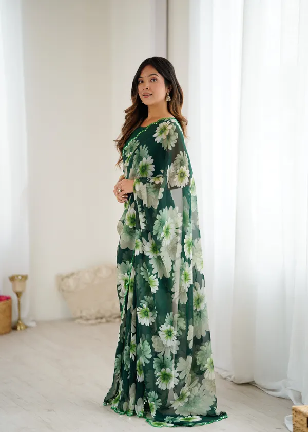 Emerald_Green_Floral_Georgette_Saree_Default_Title