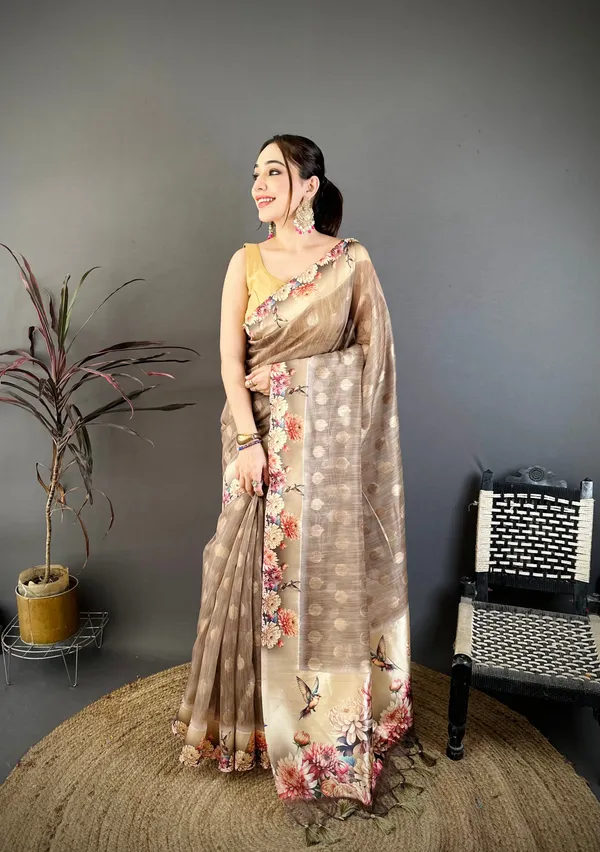 Taupe_Floral_Cotton_Saree_Default_Title
