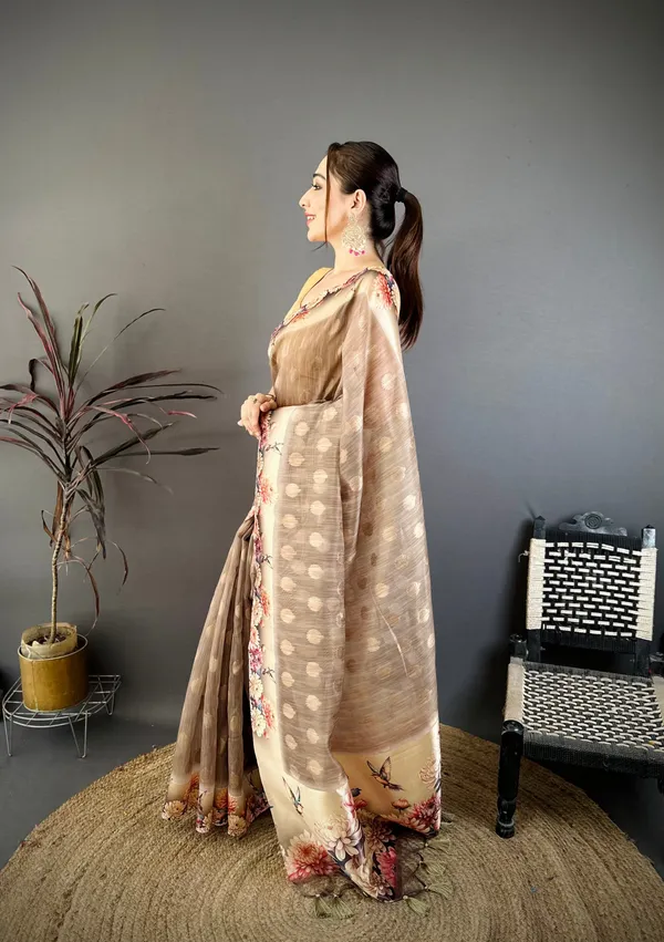 Taupe_Floral_Cotton_Saree_Default_Title