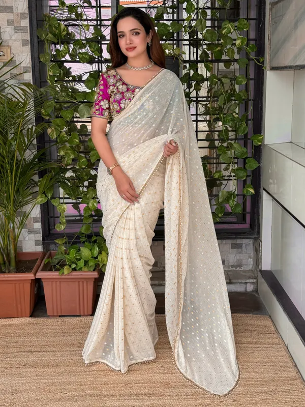 White_Crunchy_Georgette_Saree_With_Purple_Embroidered_Blouse_Default_Title