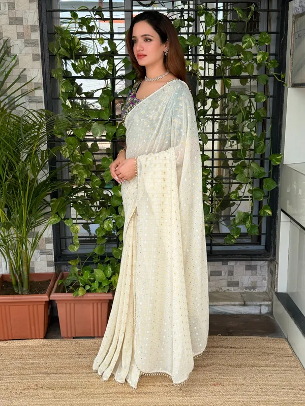 White_Crunchy_Georgette_Saree_With_Purple_Embroidered_Blouse_Default_Title