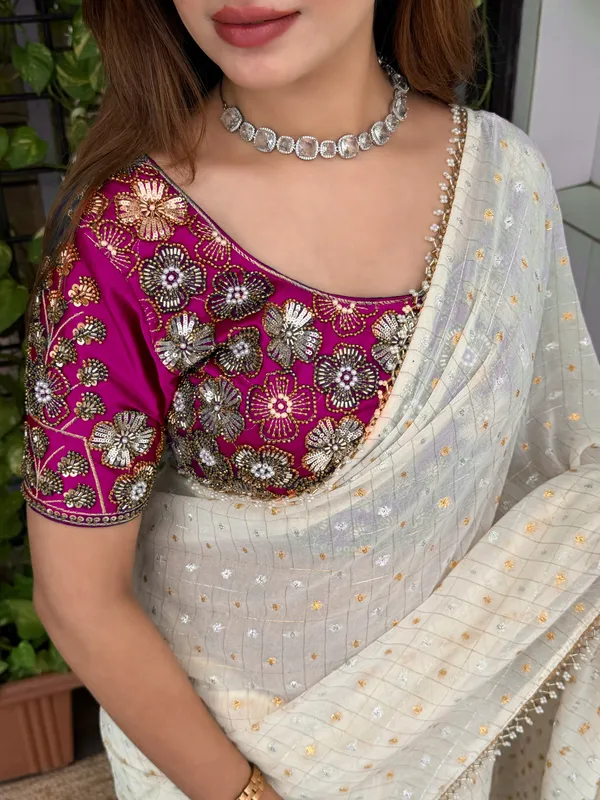 White_Crunchy_Georgette_Saree_With_Purple_Embroidered_Blouse_Default_Title