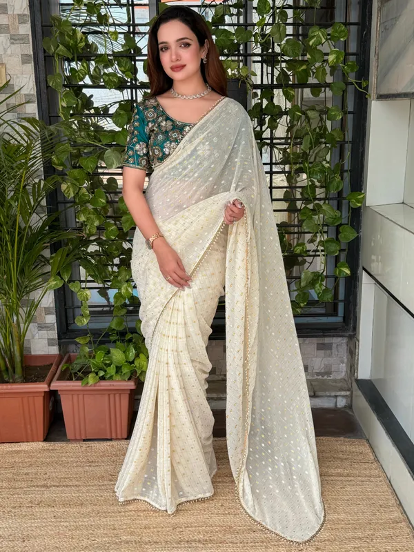White_Crunchy_Georgette_Saree_With_Teal_Green_Embroidered_Blouse_Default_Title