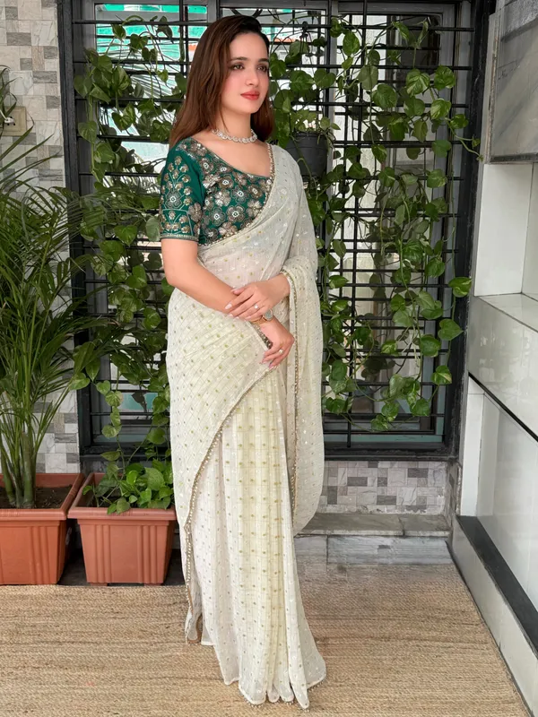 White_Crunchy_Georgette_Saree_With_Teal_Green_Embroidered_Blouse_Default_Title