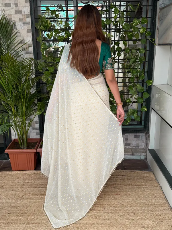 White_Crunchy_Georgette_Saree_With_Teal_Green_Embroidered_Blouse_Default_Title