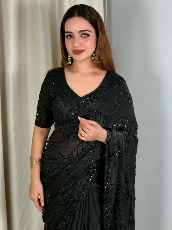 Black_Sequin_Satin_Saree_With_Black_Net_Blouse_Default_Title
