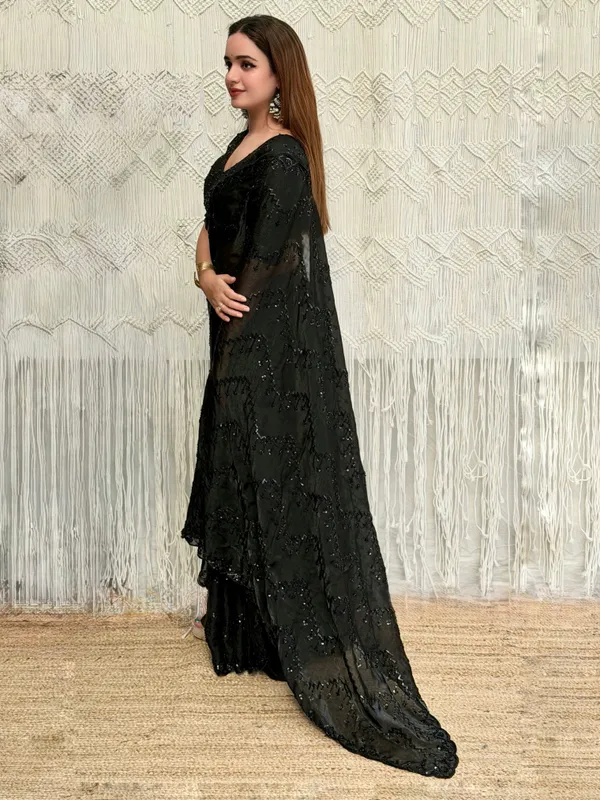 Black_Sequin_Satin_Saree_With_Black_Net_Blouse_Default_Title