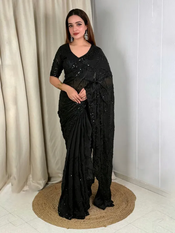 Black_Sequin_Satin_Saree_With_Black_Net_Blouse_Default_Title