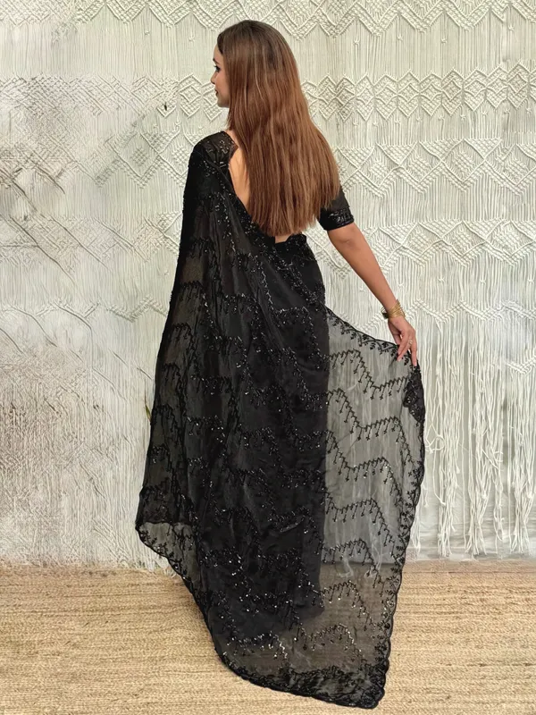 Black_Sequin_Satin_Saree_With_Black_Net_Blouse_Default_Title