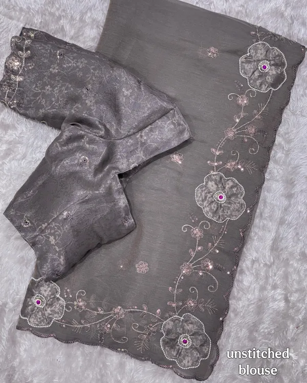 Grey_Embroidered_Chiffon_Saree_With_Grey_Satin_Jacquard_Blouse_Default_Title