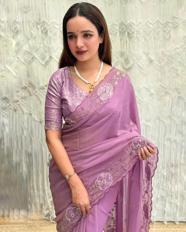 Lavender_Embroidered_Chiffon_Saree_With_Lavender_Satin_Jacquard_Blouse_Default_Title