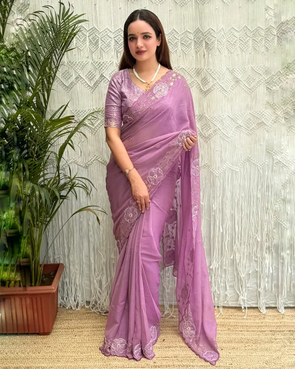 Lavender_Embroidered_Chiffon_Saree_With_Lavender_Satin_Jacquard_Blouse_Default_Title