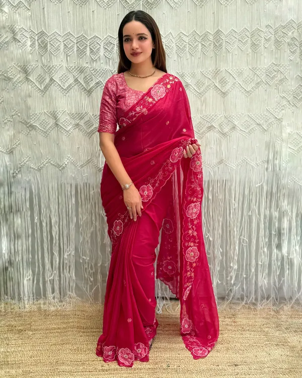 Rani_Pink_Embroidered_Chiffon_Saree_With_Rani_Pink_Satin_Jacquard_Blouse_Default_Title