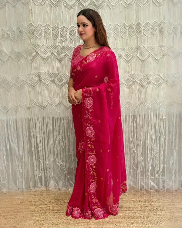Rani_Pink_Embroidered_Chiffon_Saree_With_Rani_Pink_Satin_Jacquard_Blouse_Default_Title