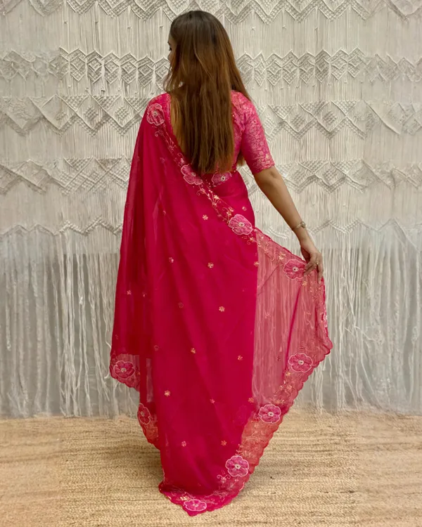 Rani_Pink_Embroidered_Chiffon_Saree_With_Rani_Pink_Satin_Jacquard_Blouse_Default_Title