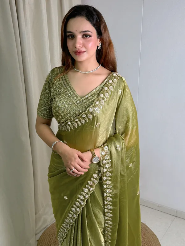 Olive_Green_Fancy_Satin_Saree_With_Olive_Green_Fancy_Satin_Blouse_Default_Title