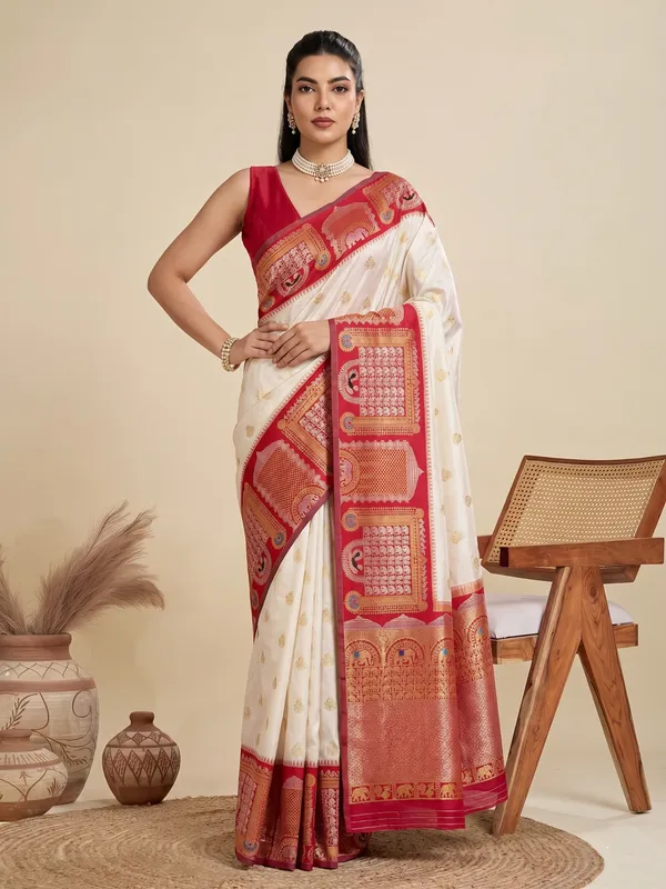 Off_White_Red_Banarasi_Soft_Silk_Saree_Default_Title