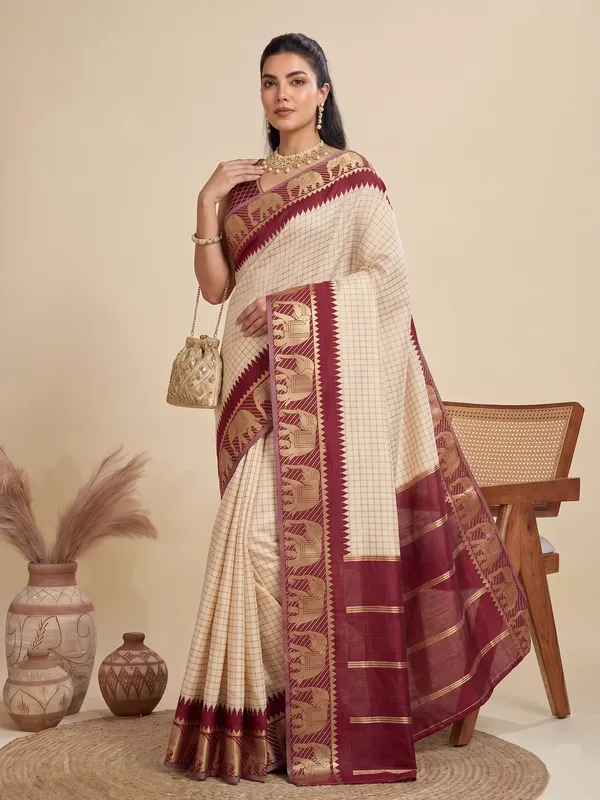 Cream_Maroon_Banarasi_Soft_Silk_Saree_With_Elephant_Motif_Border_Default_Title