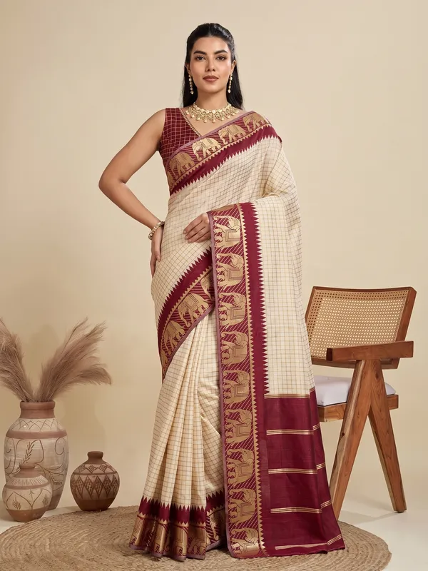 Cream_Maroon_Banarasi_Soft_Silk_Saree_With_Elephant_Motif_Border_Default_Title