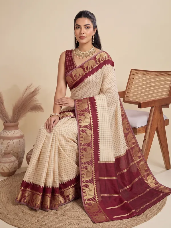 Cream_Maroon_Banarasi_Soft_Silk_Saree_With_Elephant_Motif_Border_Default_Title