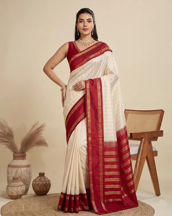 Cream_Crimson_Red_Banarasi_Soft_Silk_Saree_Default_Title