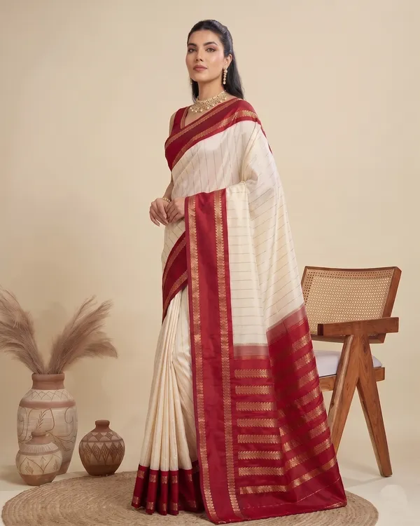 Cream_Crimson_Red_Banarasi_Soft_Silk_Saree_Default_Title