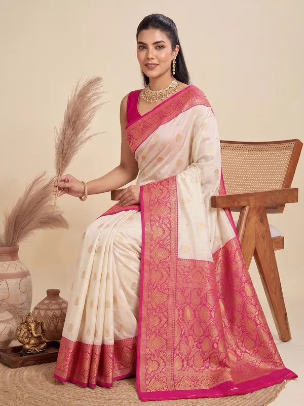 Elegant_Pink_Cream_Soft_Lichi_Silk_Saree_Default_Title