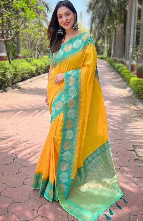 Sunshine_Yellow_Banarasi_Soft_Silk_Saree_With_Aqua_Green_Floral_Border_Default_Title