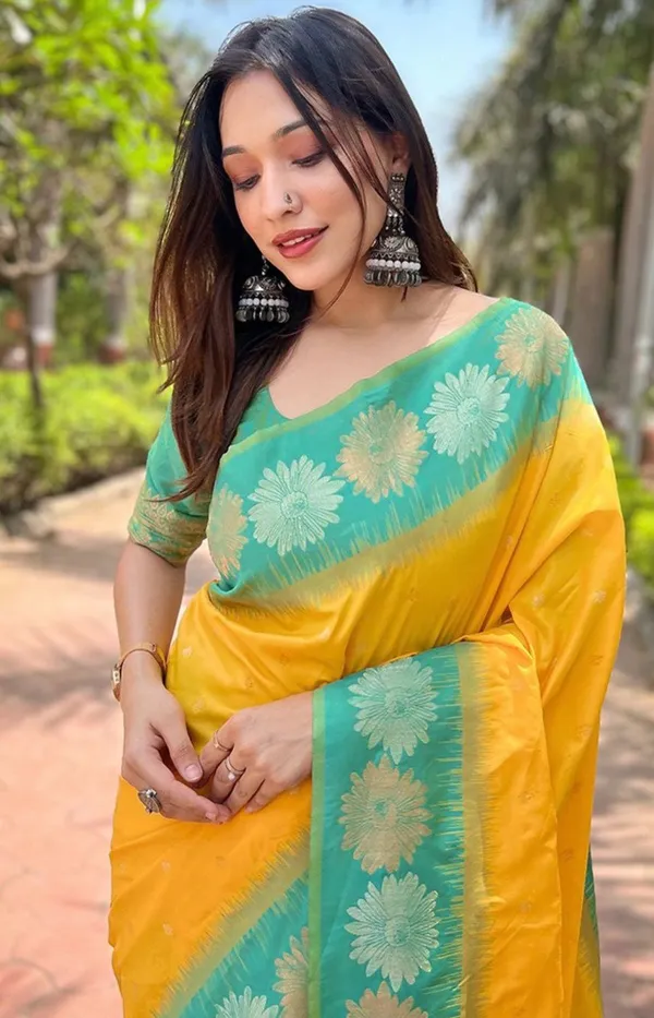 Sunshine_Yellow_Banarasi_Soft_Silk_Saree_With_Aqua_Green_Floral_Border_Default_Title