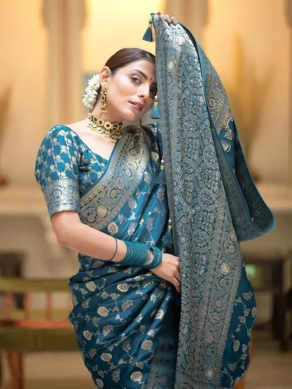 Teal_Blue_Banarasi_Soft_Silk_Saree_With_Royal_Silver_Zari_Border_Default_Title