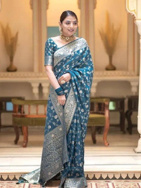 Teal_Blue_Banarasi_Soft_Silk_Saree_With_Royal_Silver_Zari_Border_Default_Title