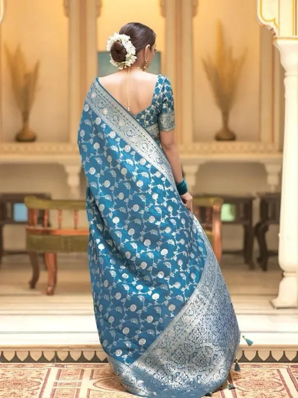 Teal_Blue_Banarasi_Soft_Silk_Saree_With_Royal_Silver_Zari_Border_Default_Title