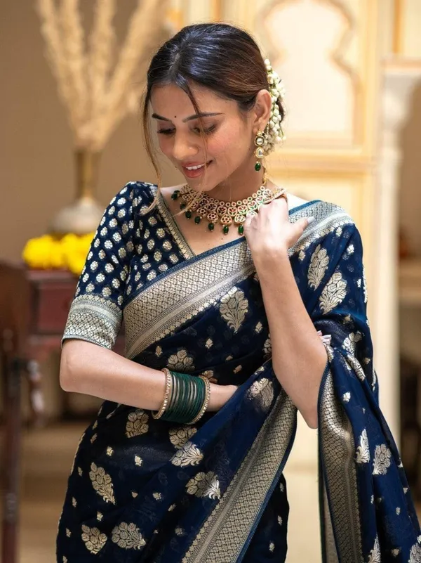 Navy_Blue_Banarasi_Soft_Silk_Saree_With_Regal_Silver_Zari_Border_Default_Title