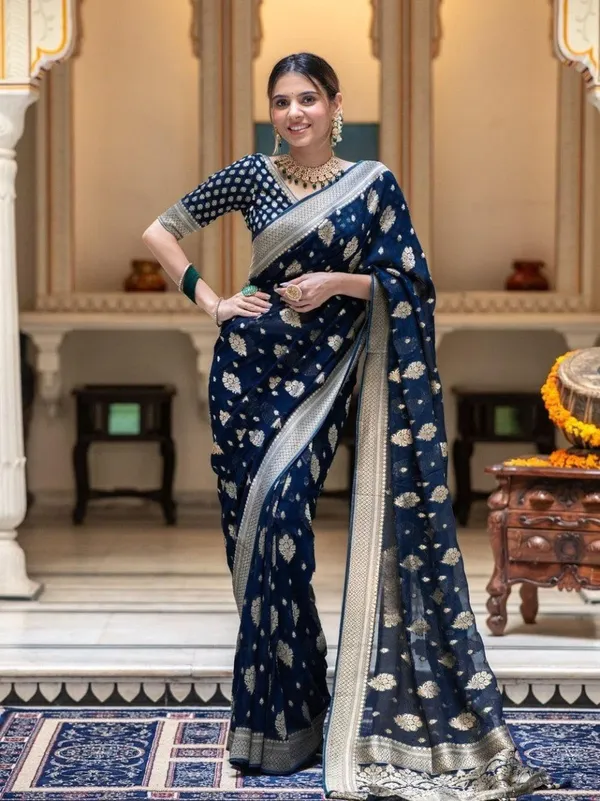 Navy_Blue_Banarasi_Soft_Silk_Saree_With_Regal_Silver_Zari_Border_Default_Title