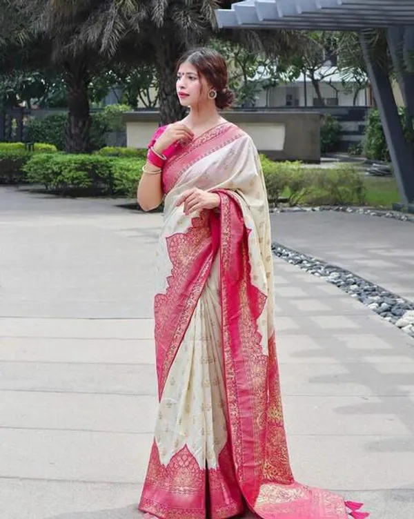Ivory_White_Banarasi_Soft_Silk_Saree_With_Royal_Rani_Pink_Zari_Border_Default_Title